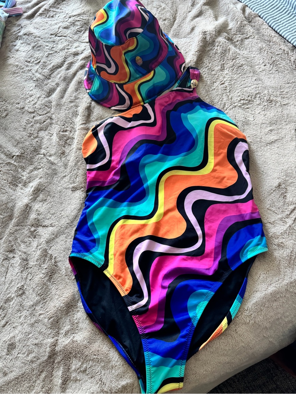 Kurt Geiger Rainbow Wave One-Piece Swimsuit with Matching Hat